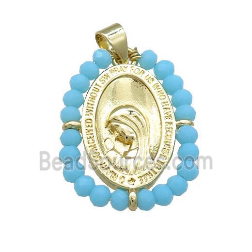 Virgin Mary Charms Copper Medal Pendant With Blue Crystal Glass Wire Wrapped Oval Gold Plated