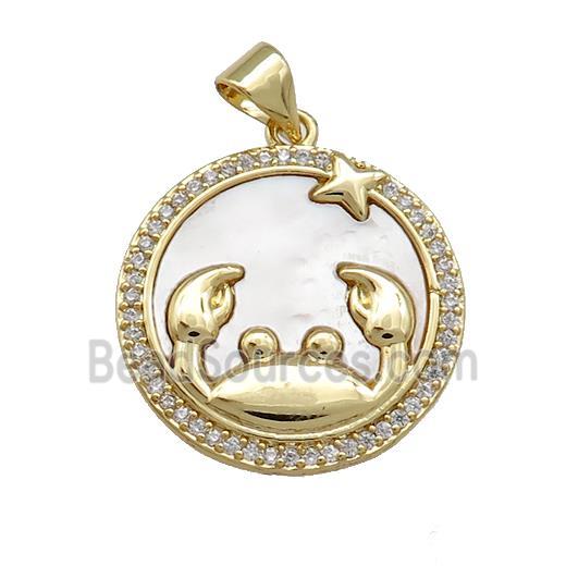 Zodiac Cancer Charms Copper Circle Pendant Pave Shell Zircon 18K Gold Plated