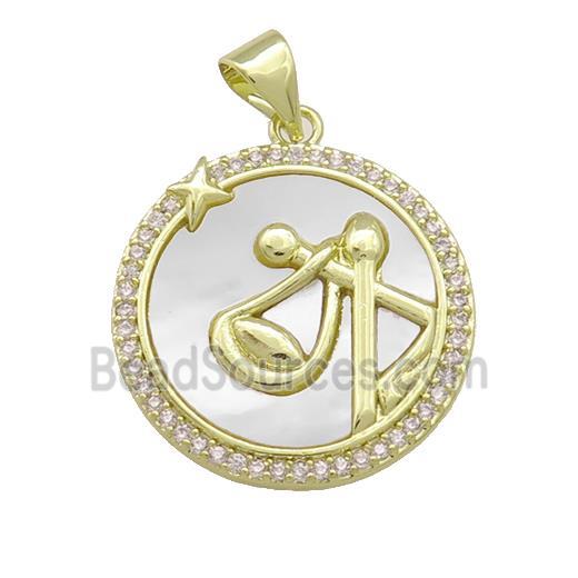 Zodiac Libra Charms Copper Circle Pendant Pave Shell Zircon 18K Gold Plated