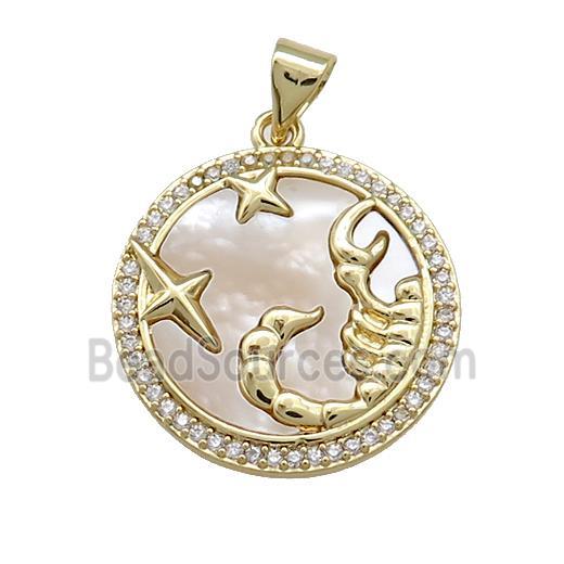 Zodiac Scorpio Charms Copper Circle Pendant Pave Shell Zircon 18K Gold Plated