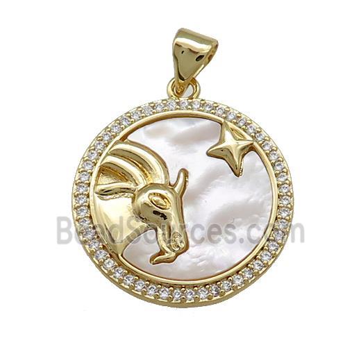 Zodiac Capricorn Charms Copper Circle Pendant Pave Shell Zircon 18K Gold Plated