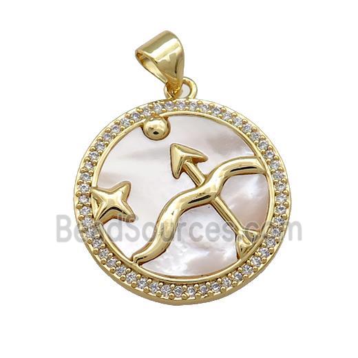 Zodiac Sagittarius Charms Copper Circle Pendant Pave Shell Zircon 18K Gold Plated