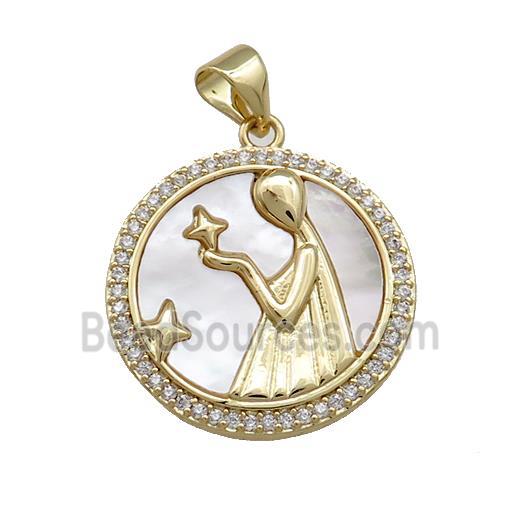 Zodiac Virgo Charms Copper Circle Pendant Pave Shell Zircon 18K Gold Plated