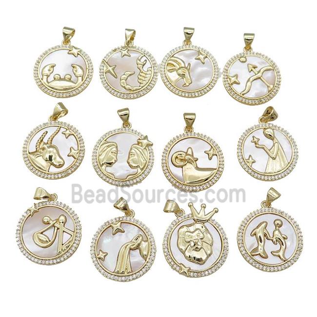 Zodiac Charms Copper Circle Pendant Pave Shell Zircon 18K Gold Plated Mixed