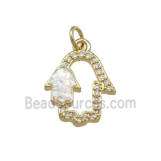 Copper Hamsahand Pendant Pave White Fire Opal Zircon 18K Gold Plated