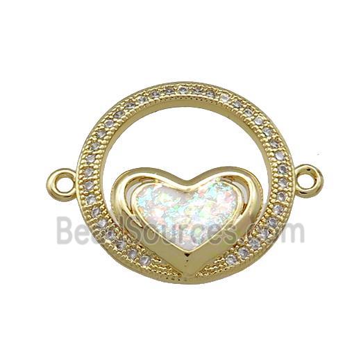 Copper Circle Connector Pave White Fire Opal Zircon Heart 18K Gold Plated