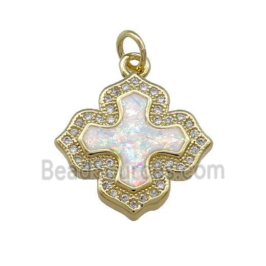 Copper Cross Pendant Pave White Fire Opal Zircon 18K Gold Plated