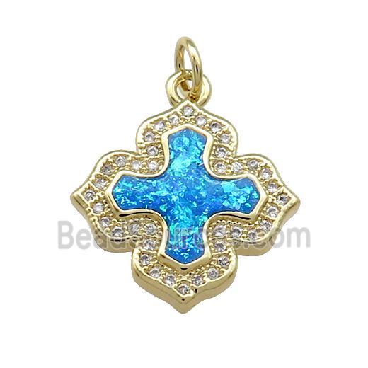 Copper Cross Pendant Pave Blue Fire Opal Zircon 18K Gold Plated