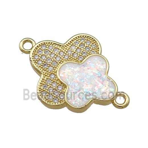 Copper Clover Connector Pave White Fire Opal Zircon Double 18K Gold Plated