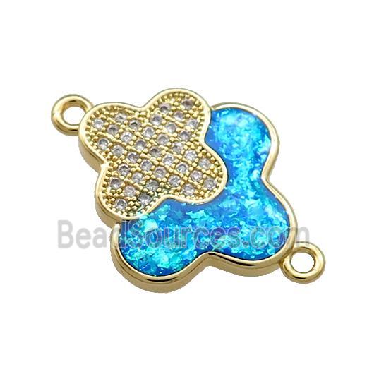 Copper Clover Connector Pave Blue Fire Opal Zircon Double 18K Gold Plated