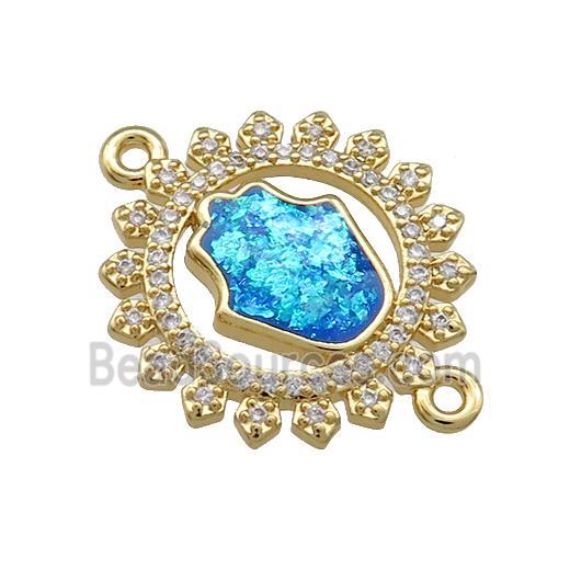 Copper Circle Connector Pave Blue Fire Opal Zircon Hamsahand 18K Gold Plated