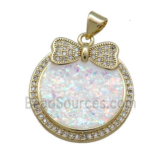 Copper Circle Pendant Pave White Fire Opal Zircon Bowknot 18K Gold Plated