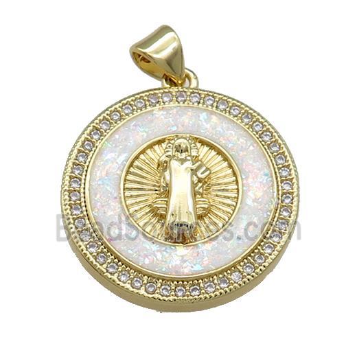 Copper Jesus Pendant Pave White Fire Opal Zircon Circle 18K Gold Plated