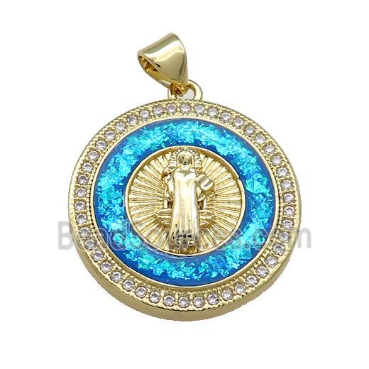 Copper Jesus Pendant Pave Blue Fire Opal Zircon Circle 18K Gold Plated