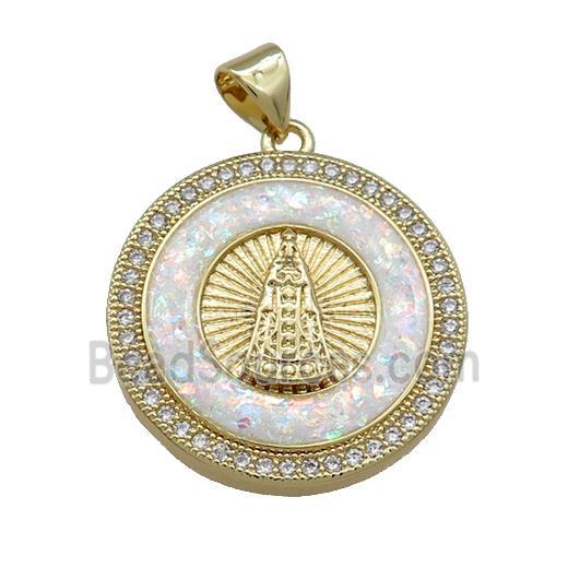 Copper Jesus Pendant Pave White Fire Opal Zircon Circle 18K Gold Plated