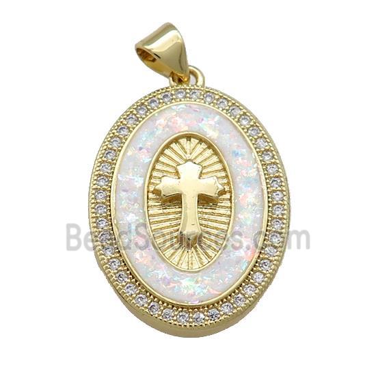 Copper Oval Pendant Pave White Fire Opal Zircon Cross 18K Gold Plated