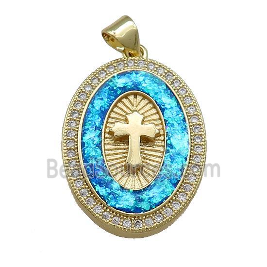 Copper Oval Pendant Pave Blue Fire Opal Zircon Cross 18K Gold Plated