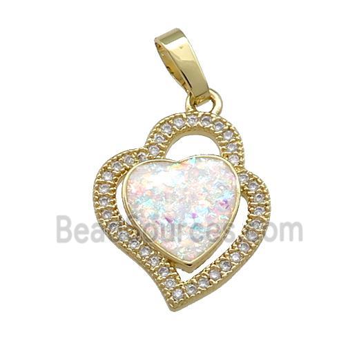 Copper Heart Pendant Pave White Fire Opal Zircon 18K Gold Plated