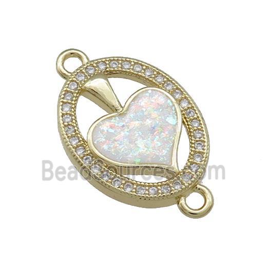 Copper Oval Connector Pave White Fire Opal Zircon Heart 18K Gold Plated