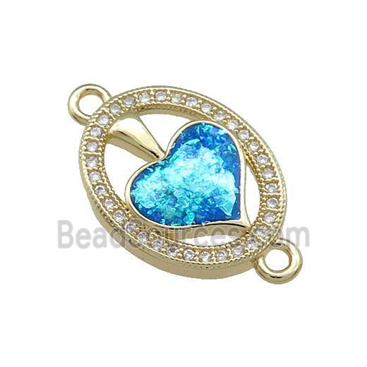 Copper Oval Connector Pave Blue Fire Opal Zircon Heart 18K Gold Plated