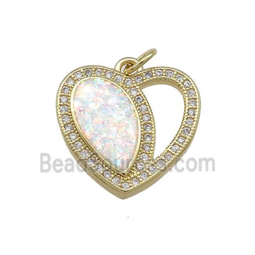 Copper Heart Pendant Pave White Fire Opal Zircon 18K Gold Plated