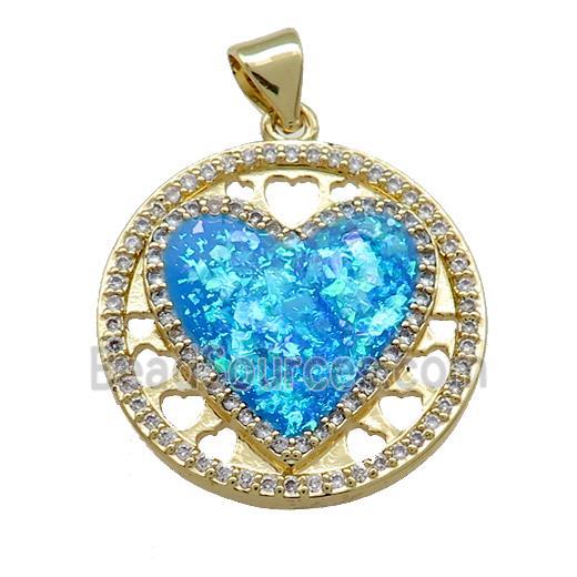 Copper Heart Pendant Pave Blue Fire Opal Zircon Circle 18K Gold Plated