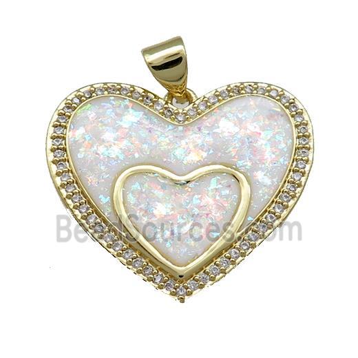 Copper Heart Pendant Pave White Fire Opal Zircon Double 18K Gold Plated