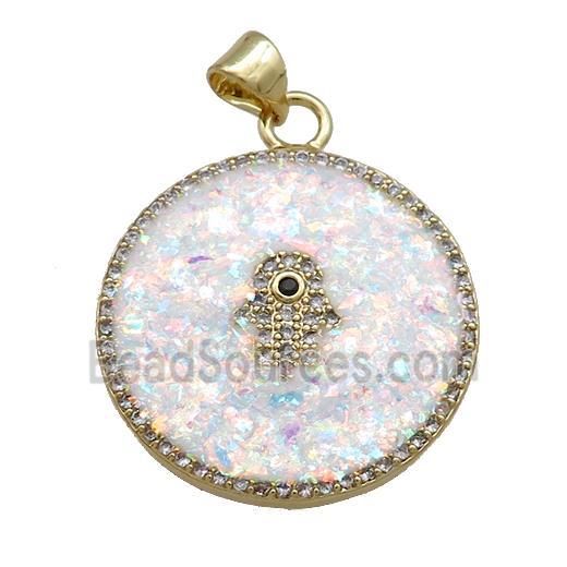 Copper Circle Pendant Pave White Fire Opal Zircon Hamsahand 18K Gold Plated