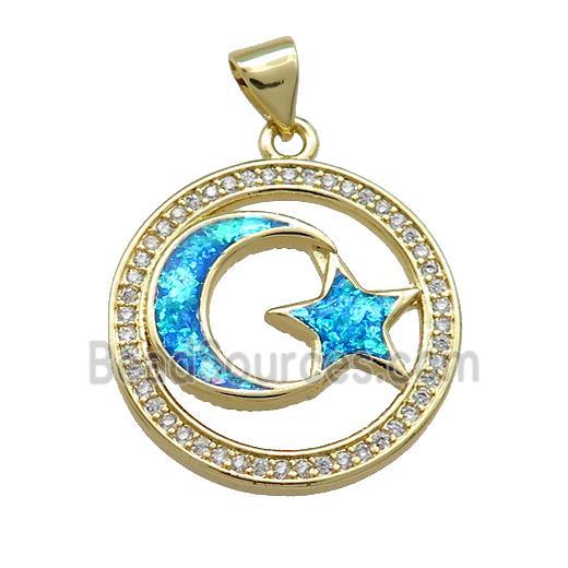 Copper Moon And Star Pendant Pave Blue Fire Opal Zircon Circle 18K Gold Plated