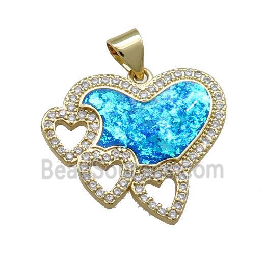 Copper Heart Pendant Pave Blue Fire Opal Zircon 18K Gold Plated