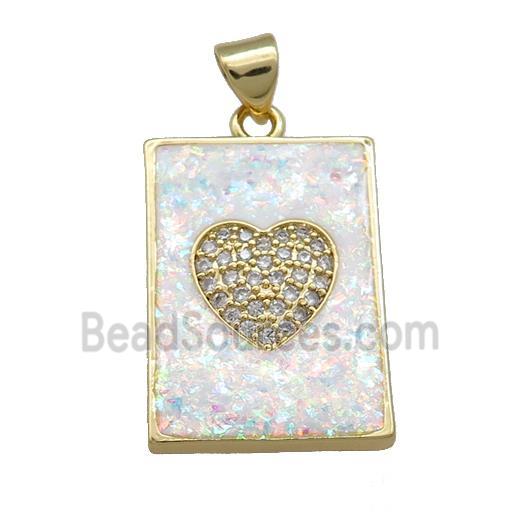 Copper Rectangle Pendant Pave White Fire Opal Zircon Heart 18K Gold Plated