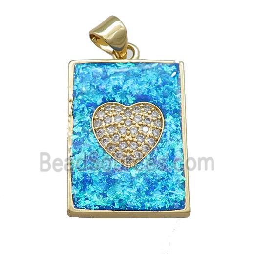 Copper Rectangle Pendant Pave Blue Fire Opal Zircon Heart 18K Gold Plated