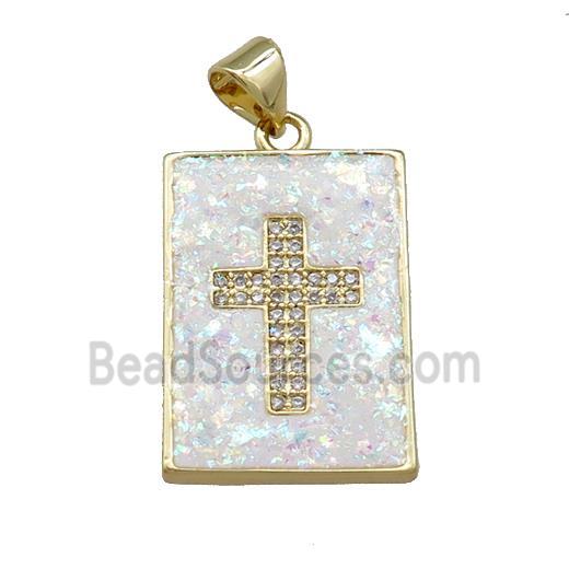 Copper Rectangle Pendant Pave White Fire Opal Zircon Cross 18K Gold Plated