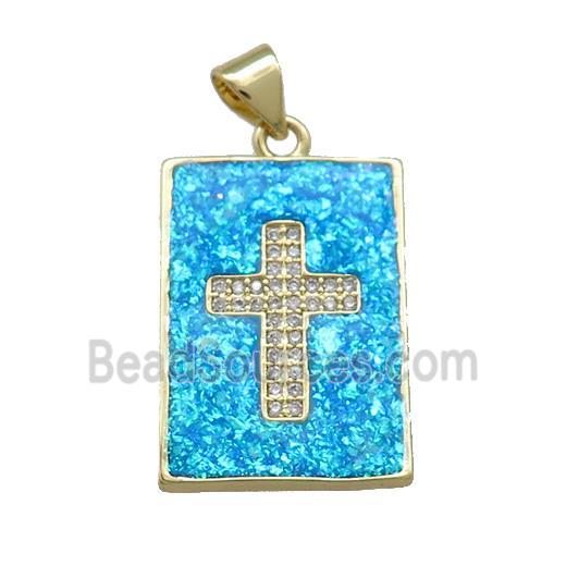 Copper Rectangle Pendant Pave Blue Fire Opal Zircon Cross 18K Gold Plated