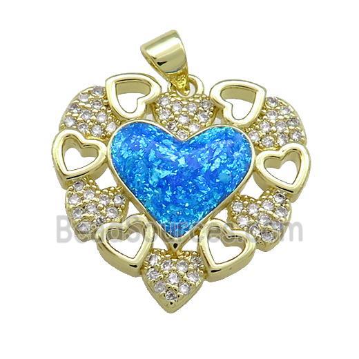 Copper Heart Pendant Pave Blue Fire Opal Zircon 18K Gold Plated