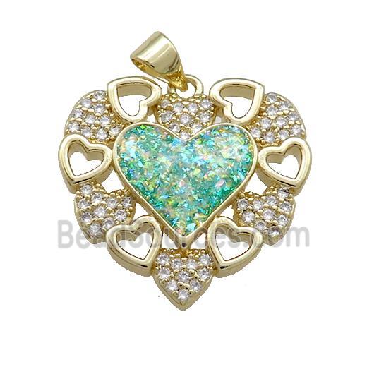 Copper Heart Pendant Pave Green Fire Opal Zircon 18K Gold Plated