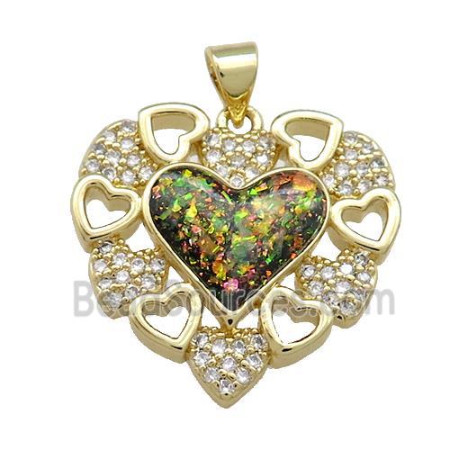 Copper Heart Pendant Pave Multicolor Fire Opal Zircon 18K Gold Plated