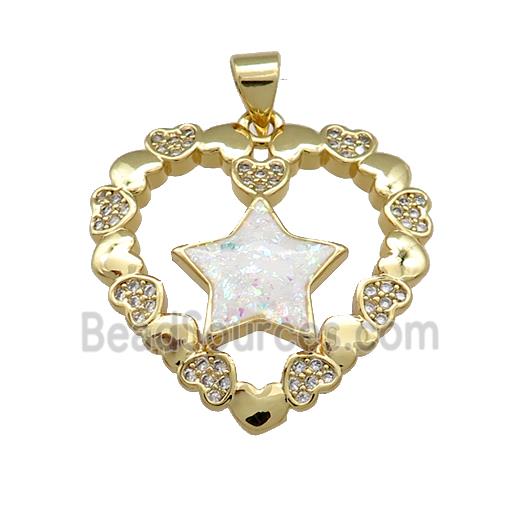 Copper Heart Pendant Pave White Fire Opal Zircon Star 18K Gold Plated