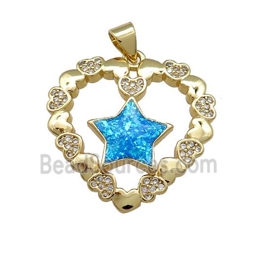 Copper Heart Pendant Pave Blue Fire Opal Zircon Star 18K Gold Plated