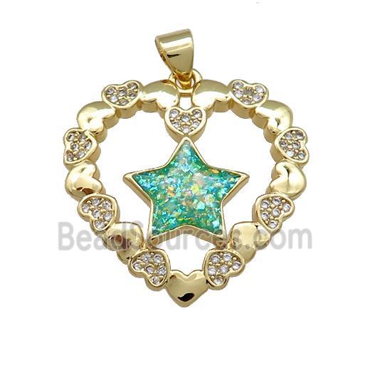 Copper Heart Pendant Pave Green Fire Opal Zircon Star 18K Gold Plated