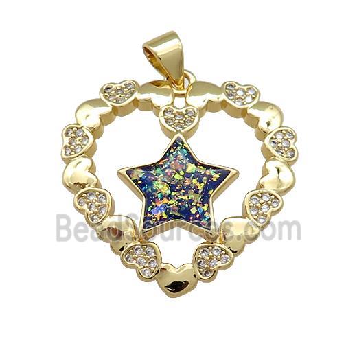 Copper Heart Pendant Pave Multicolor Fire Opal Zircon Star 18K Gold Plated