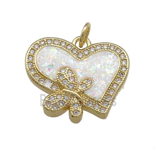 Copper Heart Pendant Pave White Fire Opal Zircon Butterfly 18K Gold Plated