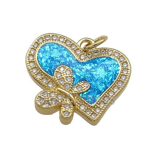 Copper Heart Pendant Pave Blue Fire Opal Zircon Butterfly 18K Gold Plated