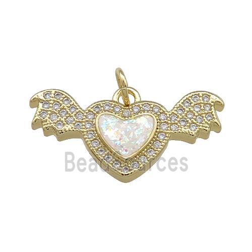 Angel Wings Charms Copper Heart Pendant Pave White Fire Opal Zircon 18K Gold Plated