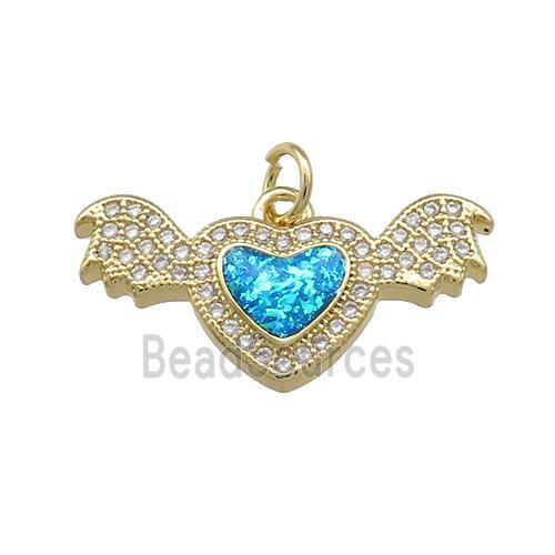 Angel Wings Charms Copper Heart Pendant Pave Blue Fire Opal Zircon 18K Gold Plated