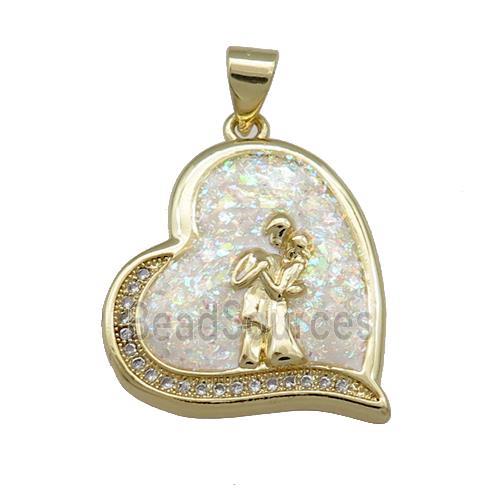 Copper Heart Pendant Pave White Fire Opal Zircon Couple 18K Gold Plated