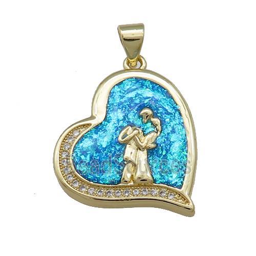 Copper Heart Pendant Pave Blue Fire Opal Zircon Couple 18K Gold Plated