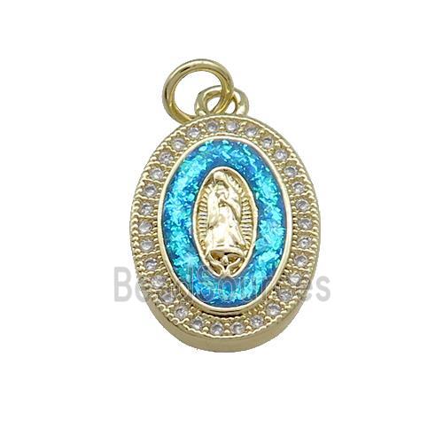 Copper Oval Pendant Pave Blue Fire Opal Virgin Mary Charms 18K Gold Plated