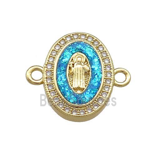 Copper Oval Connector Pave Blue Fire Opal Virgin Mary Charms 18K Gold Plated