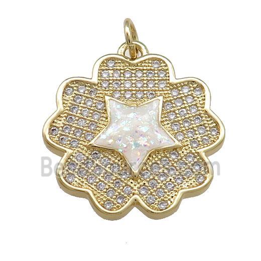 Copper Flower Pendant Pave White Fire Opal Zircon Star 18K Gold Plated